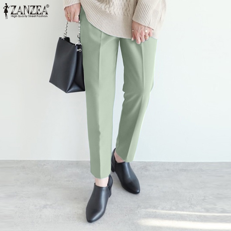 ZANZEA Women Plain Straight Pants Elastic Waist Side Pockets Pants