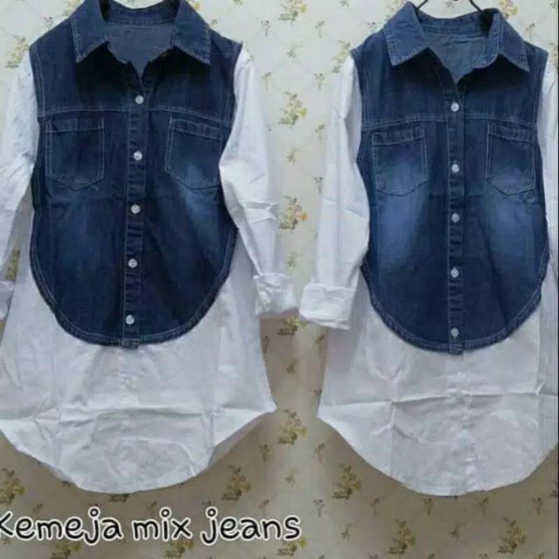 Kemeja putih mix jeans kantong dua