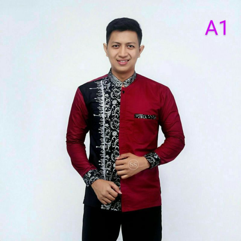 Baju Koko Pria Lengan Panjang Baju Batik Kekinian Kombinasi Bordir Matt Katun Terbaru