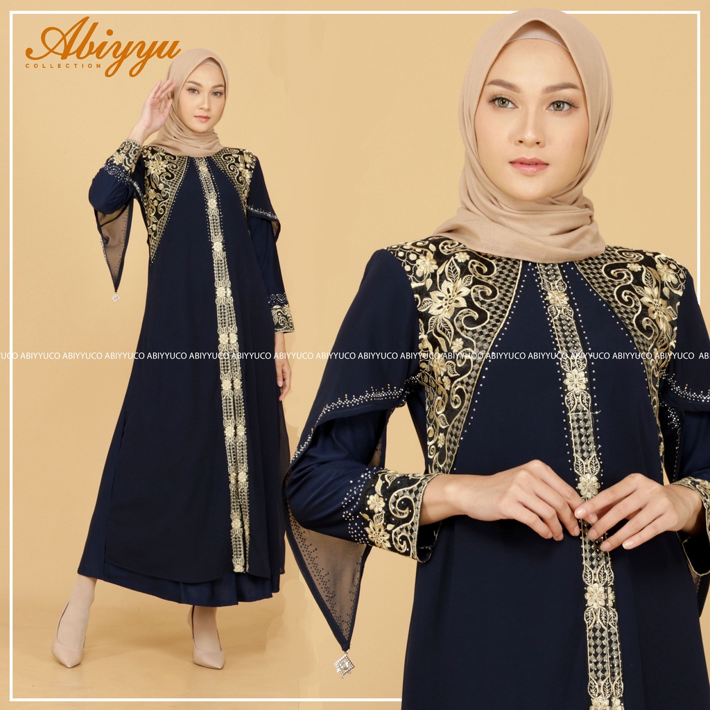 Abiyyuco TA9012 | Abaya Turkey / Abaya Turki / Abaya Hitam / Abaya Warna / Abaya Jersey mix Ceruty, dengan aplikasi bordir renda dan mote swarovsky, ready warna hitam, maroon, hijau botol, navy, coklat, biru toska, lemon, dan kuning kunyit