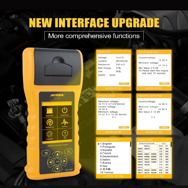 AUTOOL BT760 12V 24V Car Battery Tester Tool With Printer Diagnostic