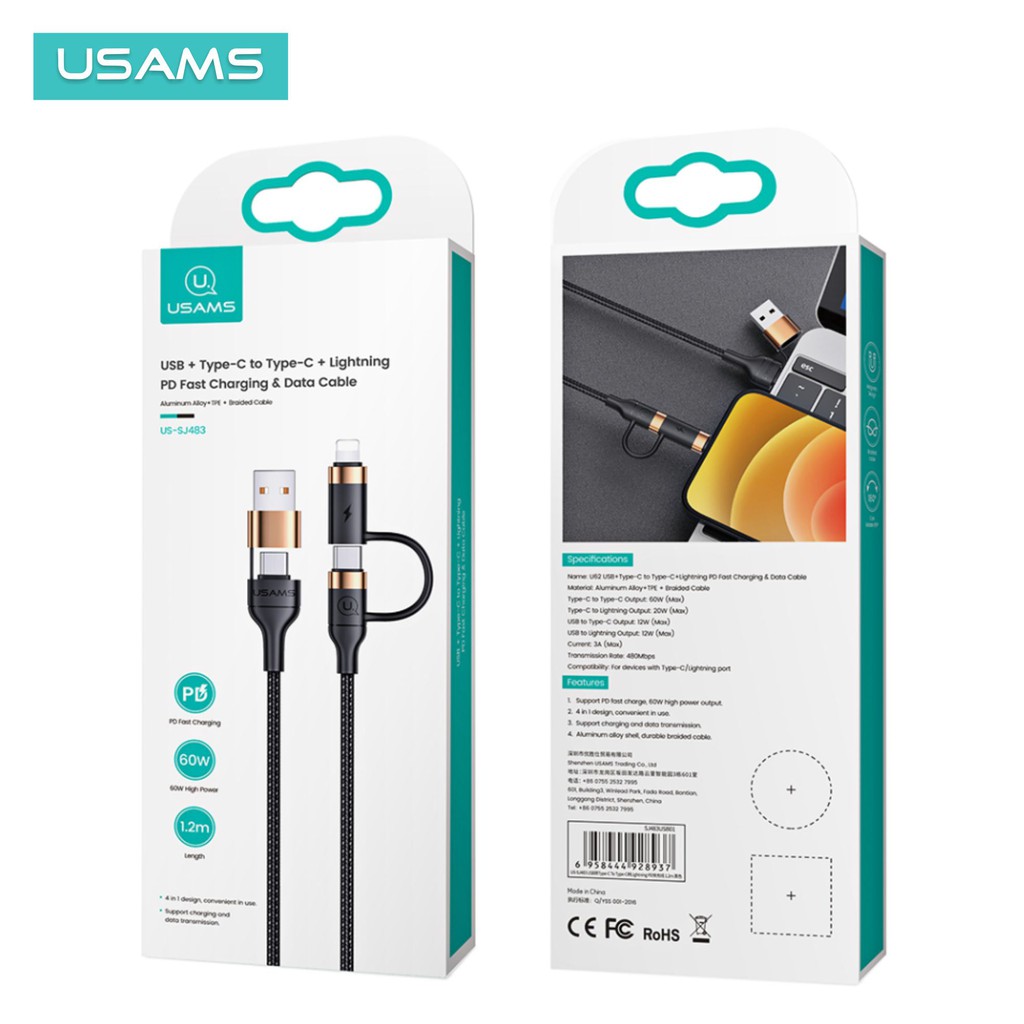 USAMS U62 Kabel Data USB-Type C to Type C + Lightning PD Fast Charging
