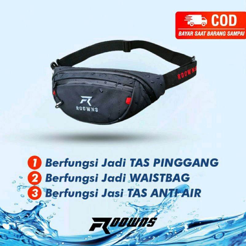 Tas Selempang Pria ROOWNS Original Waterproof Waist Bag Pria Anti Air Premium Murah Not Arei Tnf