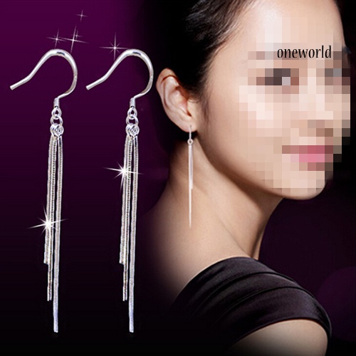 OW@ Women's Slim Tassel Hook Earrings Silver Plated Pendant Eardrop Wedding Jewelry