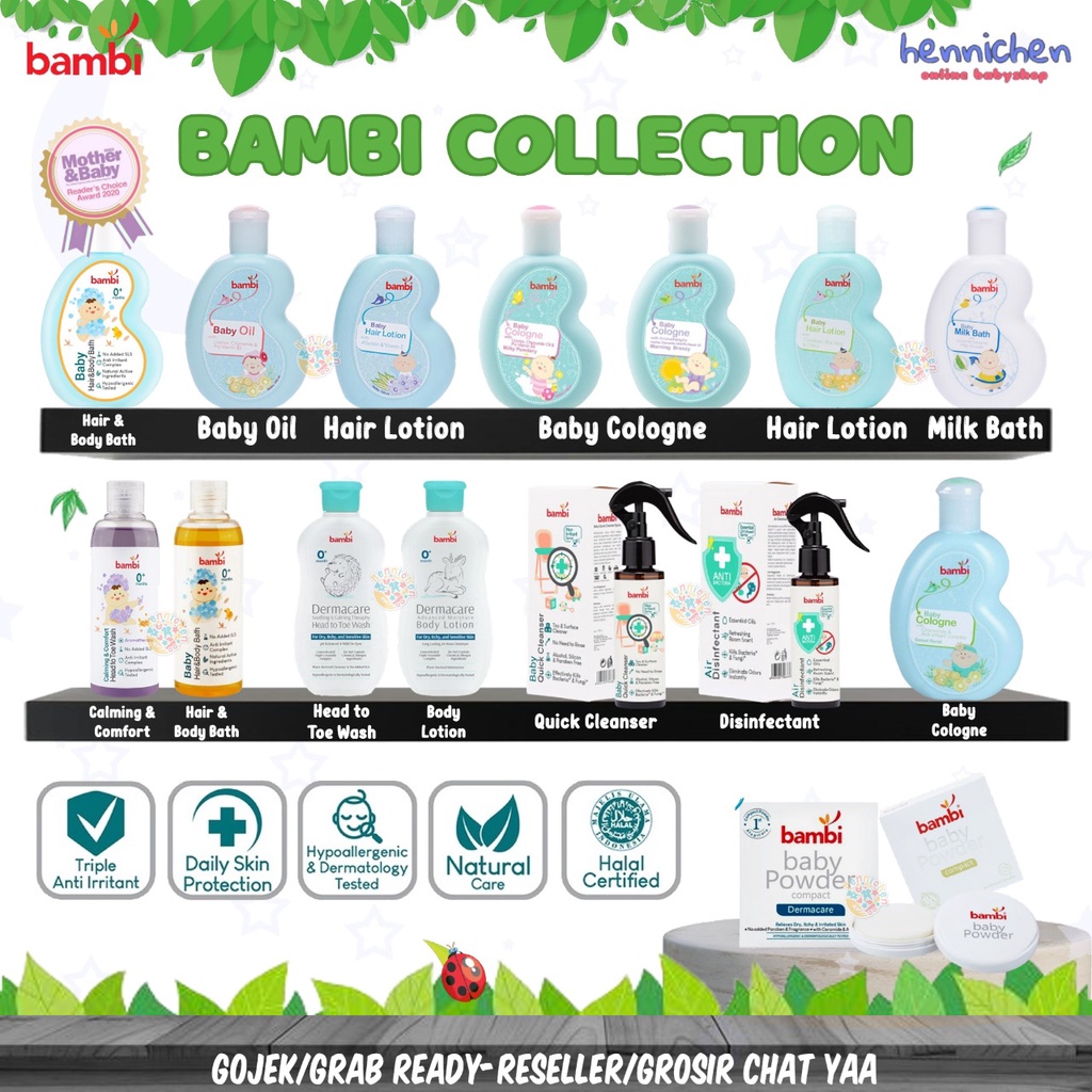 Bambi Baby Cologne Sweet Floral / Milky Powdery / Morning Breezy Parfum bayi/ Milk Bath/ Hair Lotion/ Bambi Shampo 100ml /  Compact Powder /Anti Mosquito / bambi Face Cream / bambi Diaper /Prickly Powder / bambi Mild Lotion / bambi Sunscreen /  Bambi Mild