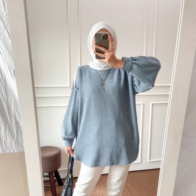 Simple Blouse Lengan Puff Balon | Waffle Uniqlo | Oversize
