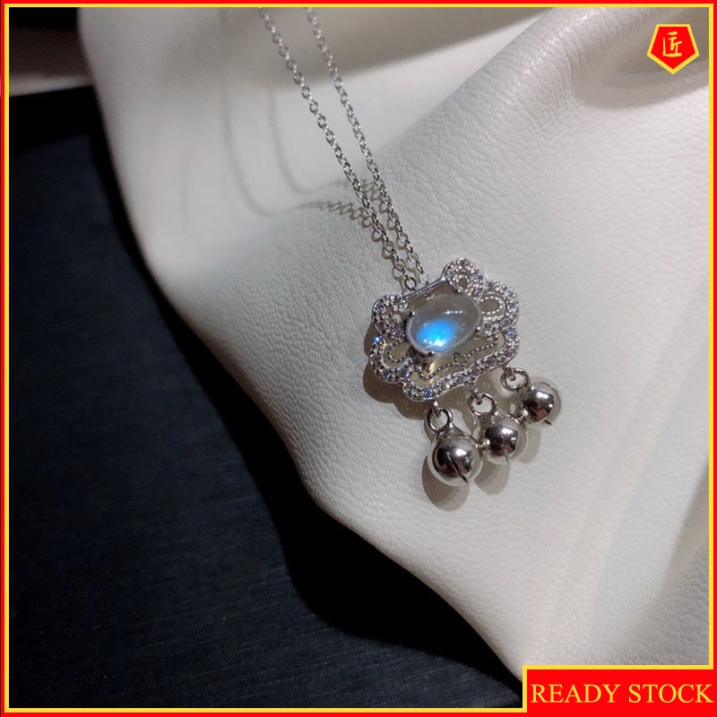 [Ready Stock]925 Silver Lock Wealth Lock Safe Little Bell Shape Pendant Blue Moonstone Necklace