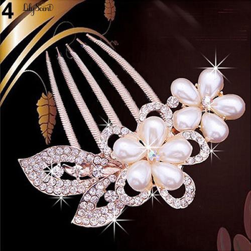 Wedding Bridal Rhinestone Faux Pearls Hairpin Flower Peacock Comb