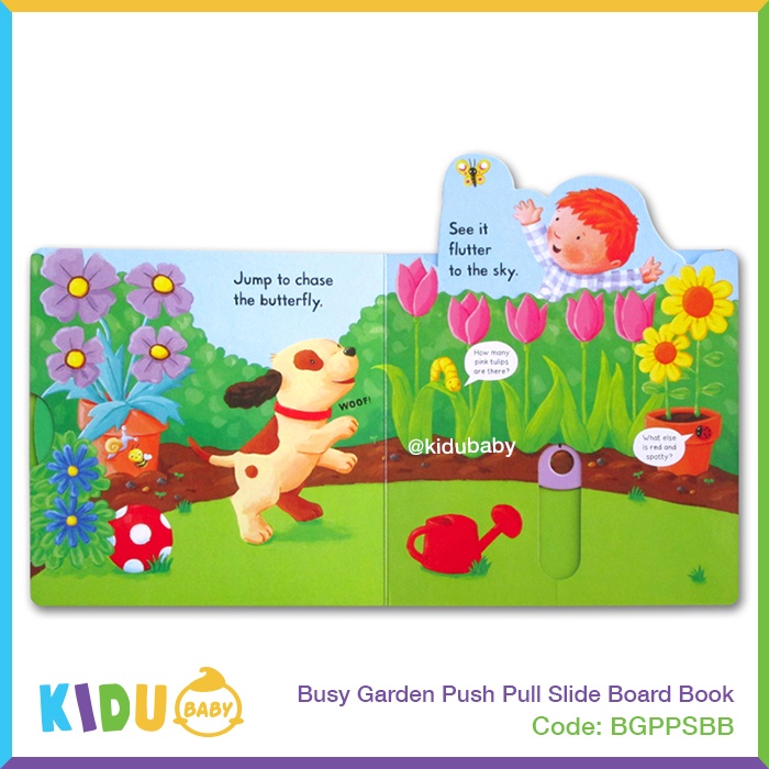 Buku Cerita Anak atau Buku Cerita Bayi Busy Garden Push Pull Slide Board Book Kidu Baby