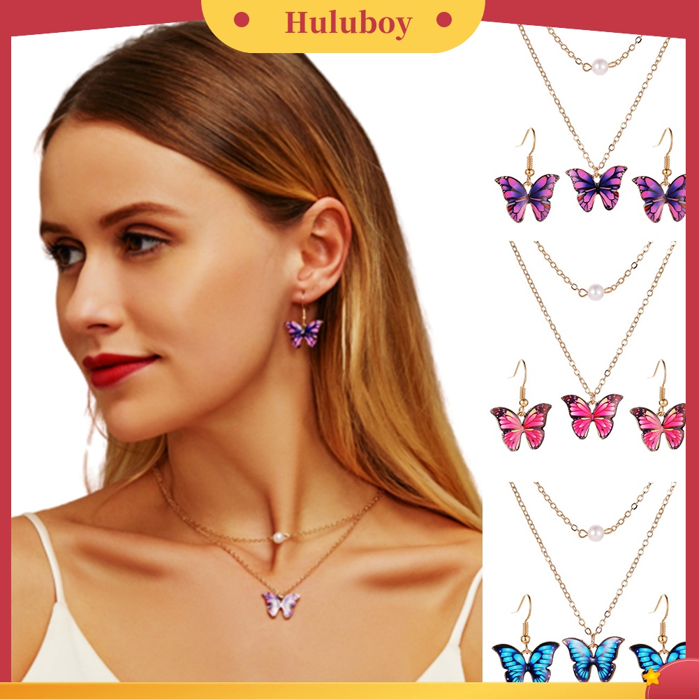 Hu Hu Hu Hu Hu Alat Bantu Pasang Kacamata♡ 2pcs Kalung Rantai Liontin Kupu-Kupu Mutiara Imitasi 2 Lapis Untuk Wanita