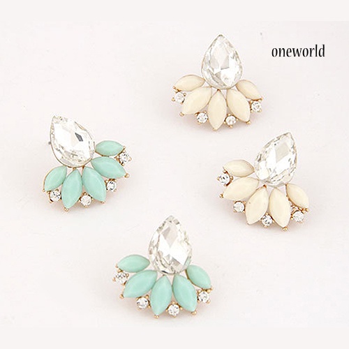 OW@ Women's Korean Style Teardrop Leaf Inlaid Rhinestone Earrings Ear Studs Jewelry