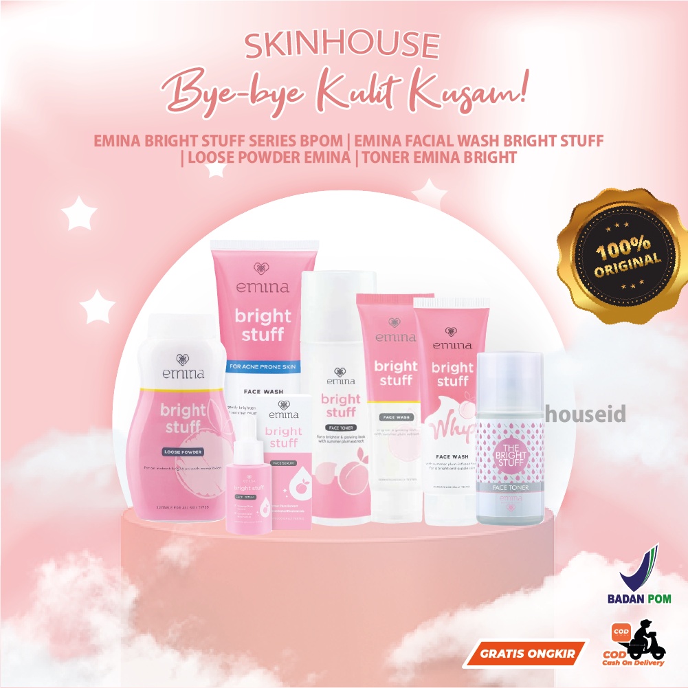 Skinhouseid Emina Bright Stuff Series Skincare Kecantikan Premium (Facial Wash Loose Powder Toner) BPOM