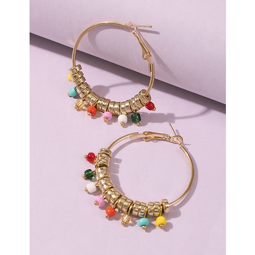 LRC Anting Tusuk Fashion Gold Color Alloy Rice Bead Round P28916