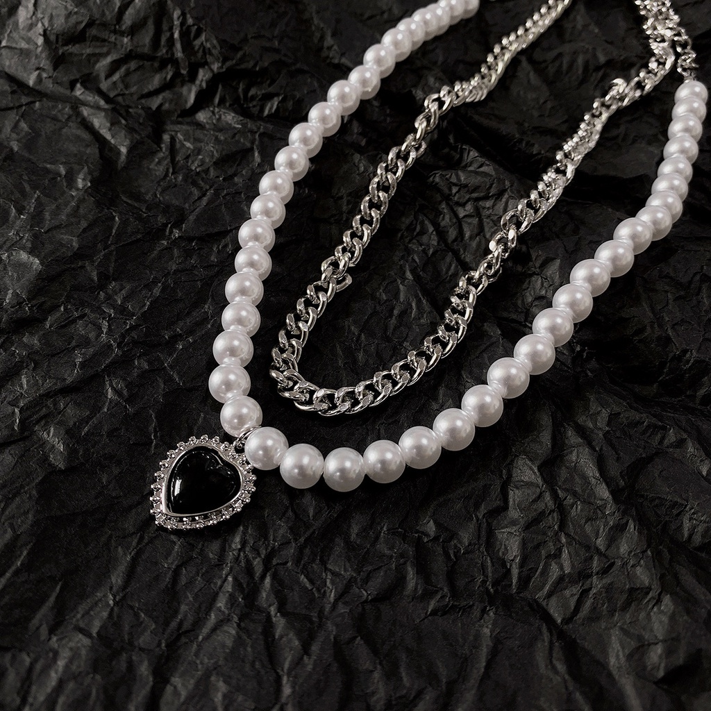 Black Love Necklace Accessories Personality Double-layer Pearl Clavicle Chain Temperament