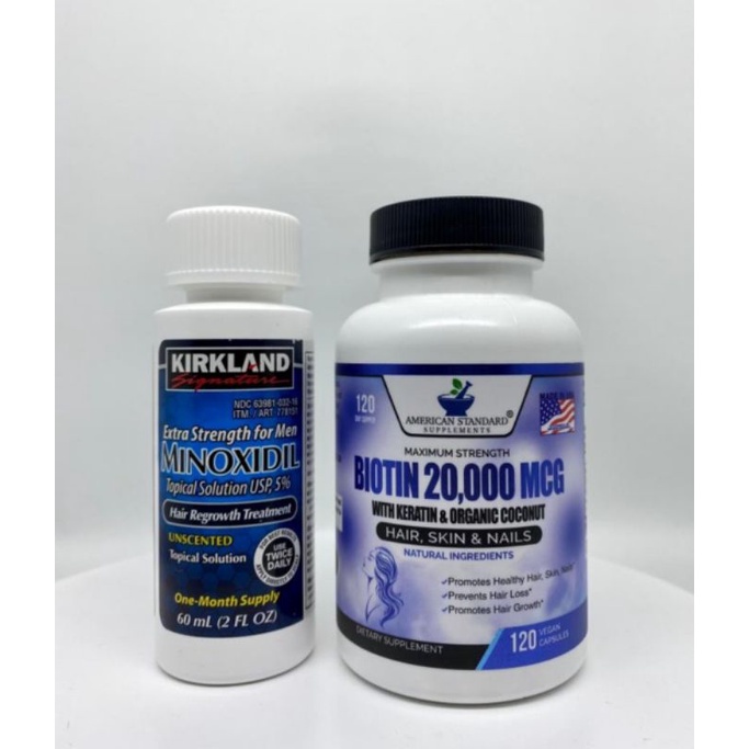 Minoxidil Kirkland + Biotin 20.000 Mcg Zinc Keratin 30 Capsul Menumbuhkan Rambut Botak Dan Rontok Original 100%