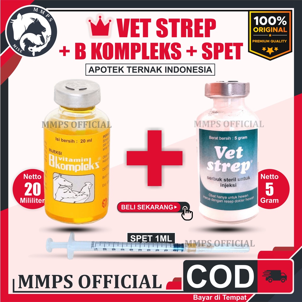 vet strep 5gram + b kompleks 20ml bns suntik obat vitamin ayam burung merpati snot pilek ngorok luka