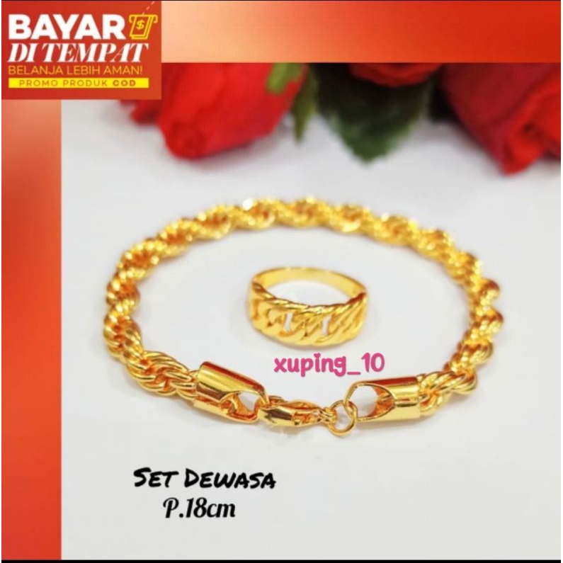 Gelang+Cincin Motif tambang simple Elegan logam emas perhiasan Anti karat