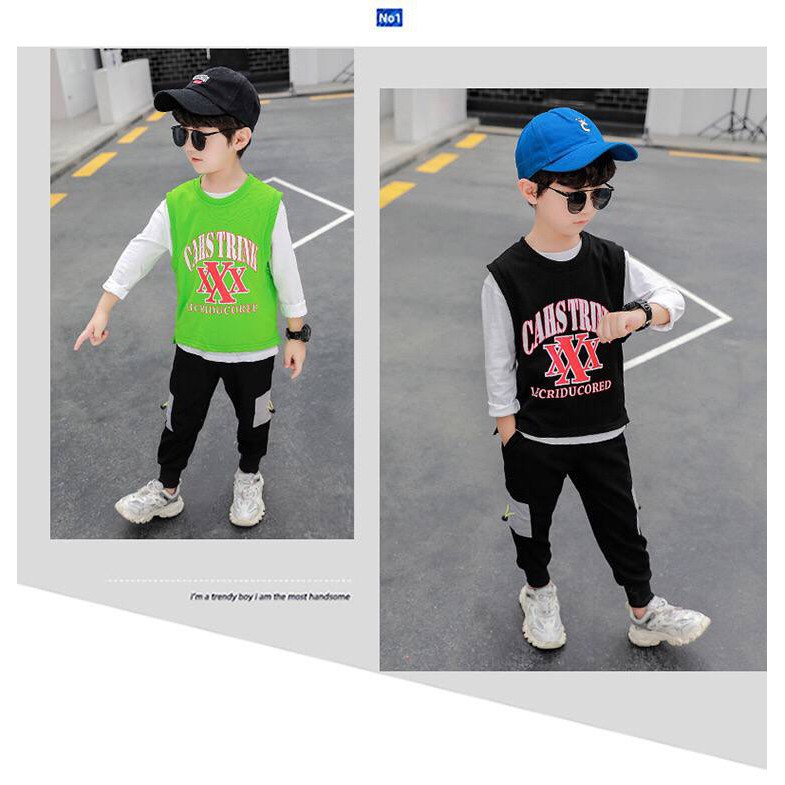 Promo !! setelan anak laki murah LS setelan 3in1 record three cross kid import sz uk 3th (hitam dan hijau)