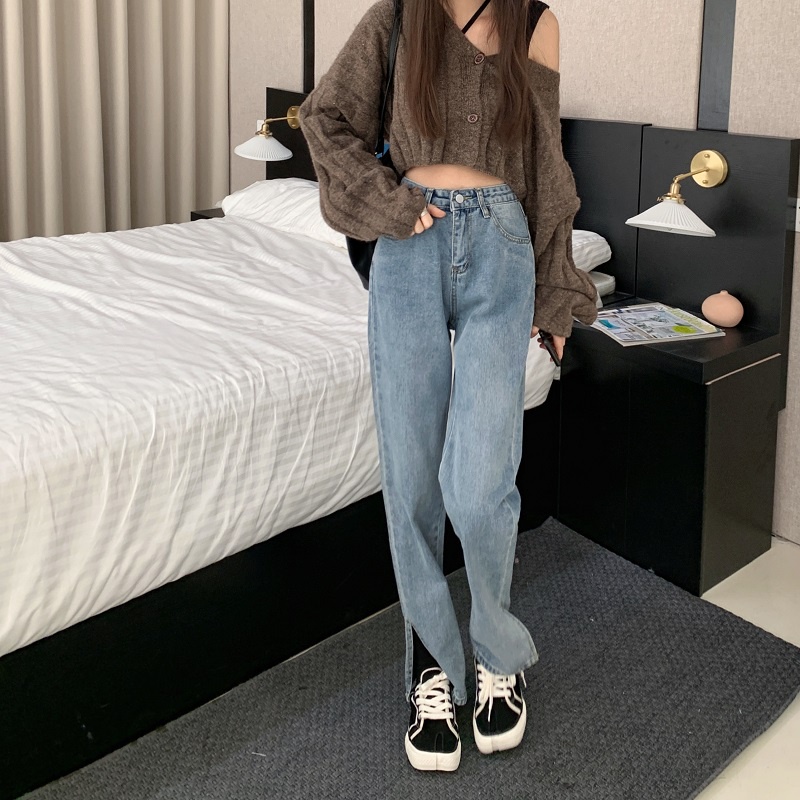 korean style new high waist Garpu terpisah celana jeans panjang