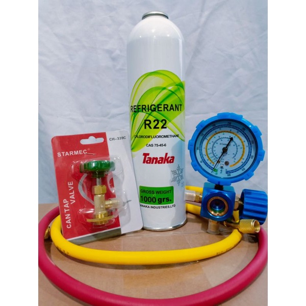 Paket pengisian Freon r22 tanaka(manifold siglass +can tap 339+selang r22 2 pcs+freon r22 1kg)