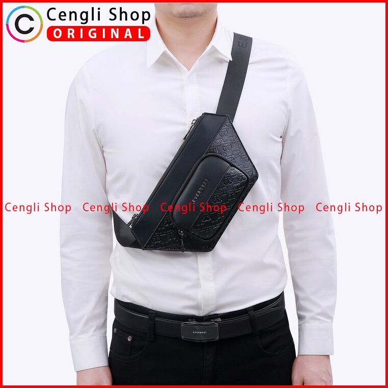 TAS SELEMPANG DADA/PINGGANG KULIT PRIA EVERBEST MEN LEATHER SLING CHEST/WAIST BAG ORIGINAL HITAM BLACK EM26