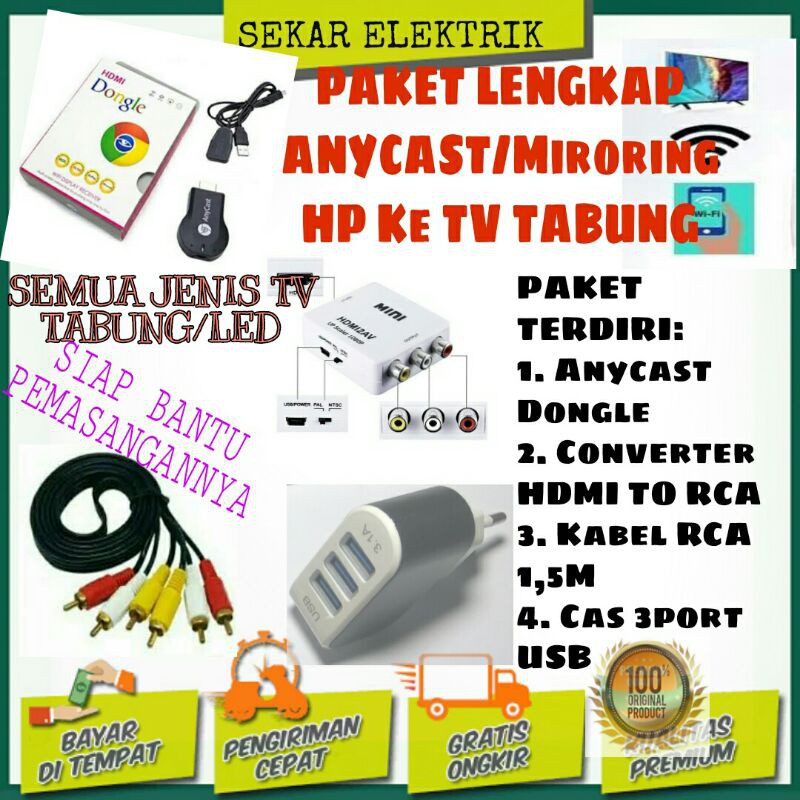 Paket Lengkap Layar HP Android ke TV TABUNG/LED/Monitor dengan Anycast Miracast /Hdmi Dongle pixel 1080P/ Mirroring dongle Anycast