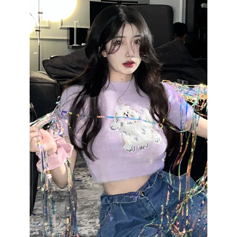 #Sisjuly# Wanita Murni Desire Lengan Pendek Sweater Rajut Wanita Musim Panas Pendek Gadis Panas Keta