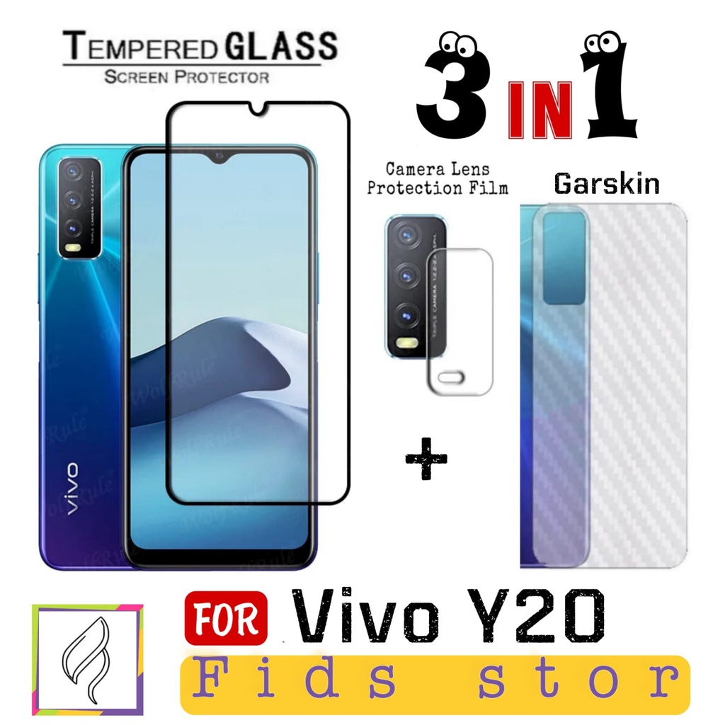 PROMO 3in1 VIVO Y20 Tempered Glass Layar FULL COVER Black &amp; CAMERA Free GarSkin