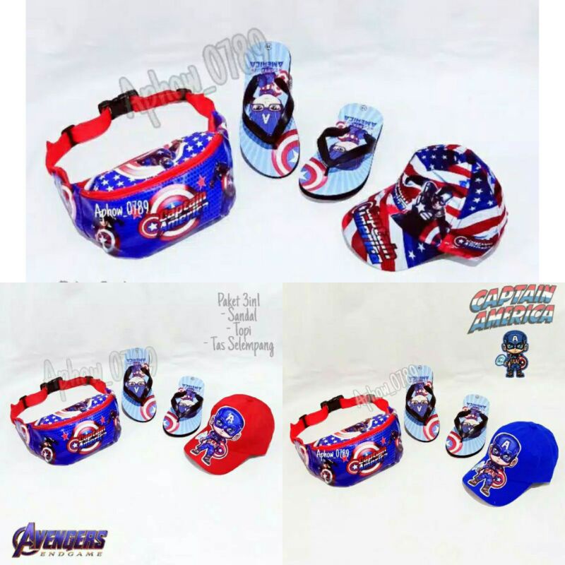 COD 3IN1 paket hemat tas selempang anak topi anak dan sendal anak anak laki laki motif avenger waistbag anak laki laki