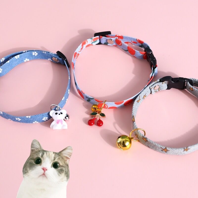 Kucing Peliharaan Koboi Kerah Dengan Liontin Bir Dan cherry Dan Lonceng adjustable Kucing Dan Anjing fashion denim Kalung