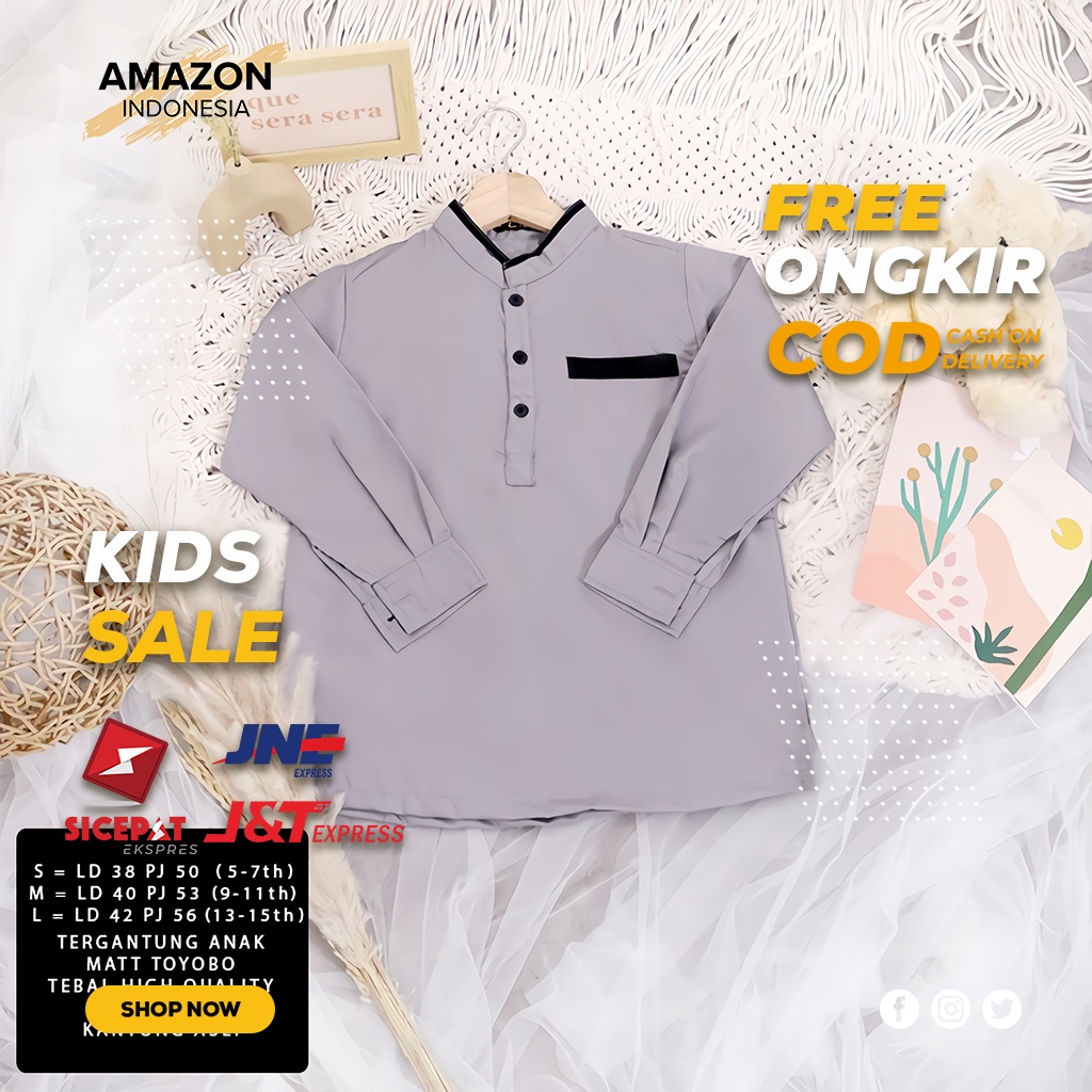 BAJU KOKO PAKAIAN MUSLIM ANAK LAKI LAKI COWOK LENGAN PANJANG WARNA GREY ABU POLOS KAIN KATUN TOYOBO ORI