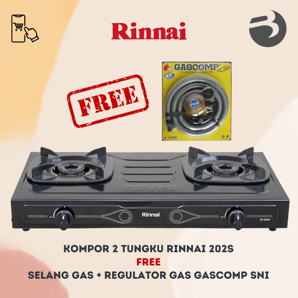 Kompor Gas Rinnai RI302S / RI 202S 2 TUNGKU + Selang Gas + Regulator Gas Gascomp SNI