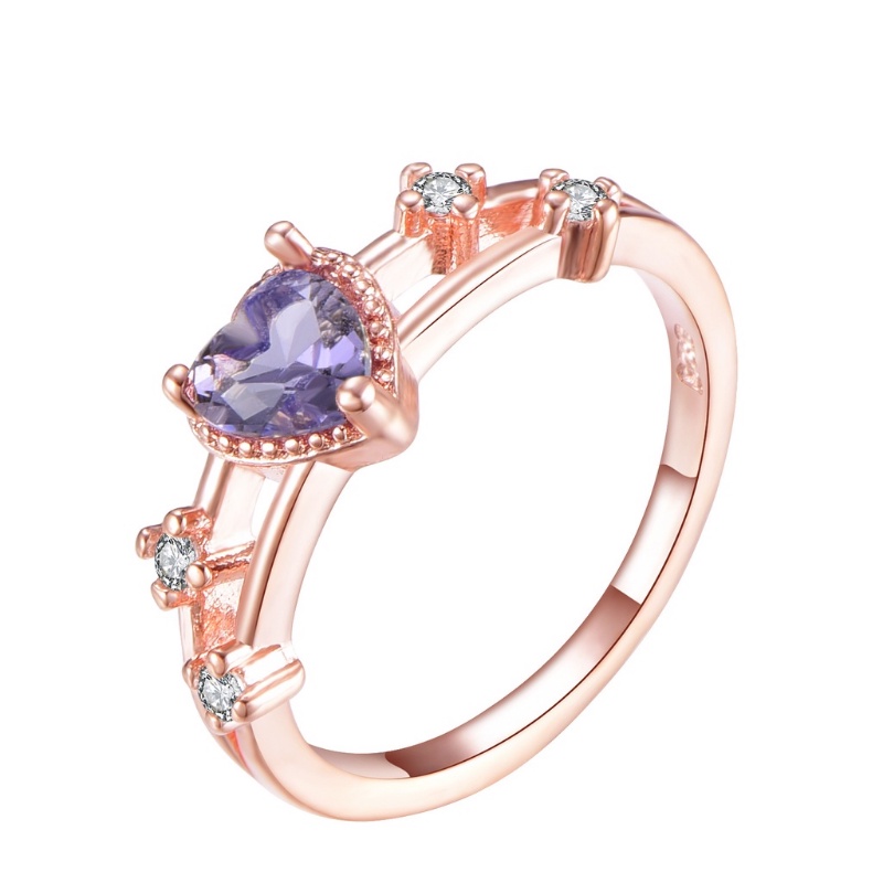 Cincin Sterling Silver Lapis Rose Gold Emas Asli Kadar 375Desain Hati Hias Kristal Berlian Ungu Untuk Wanita