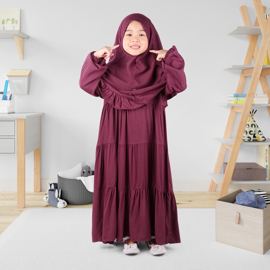 Set Gamis Rayya Muslim Anak Usia 1 2 Tahun Ruffle Bahan Rayyon Twill Maroon