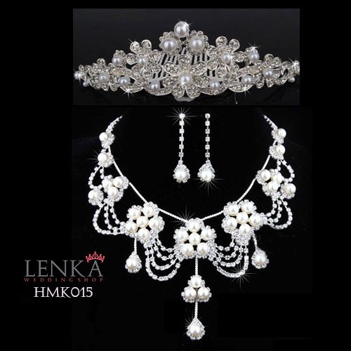 Aksesoris Mutiara Wedding Modern l Paket Crown Kalung Anting Pengantin Lenka - HMK015