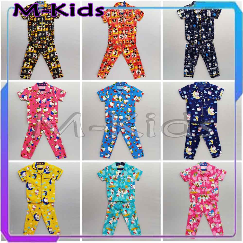 MKids88 - Baju Setelan Katun Piyama Anak Gambar Mickey Doraemon Hello Kitty