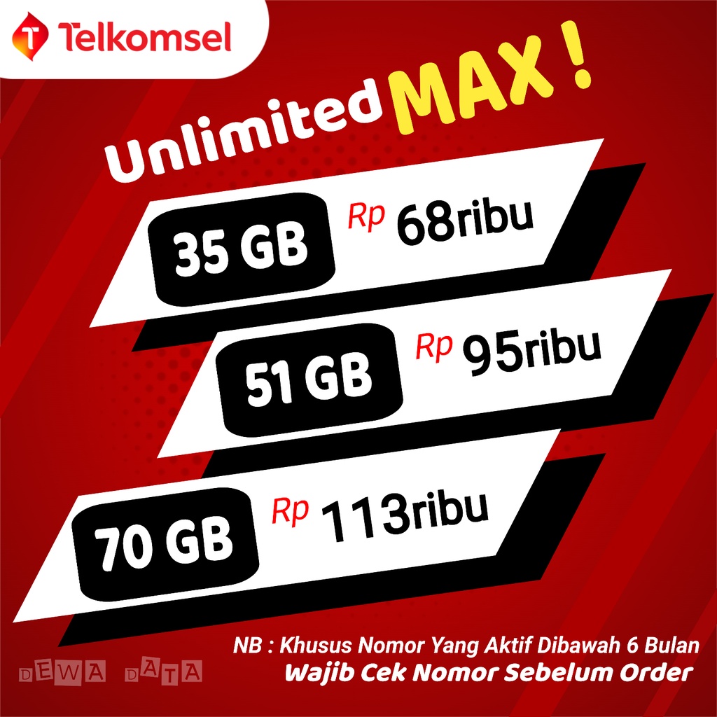 Paket Data Telkomsel UnlimitedMAX 35GB, 51GB, 70GB, 40GB, 58GB, 80GB