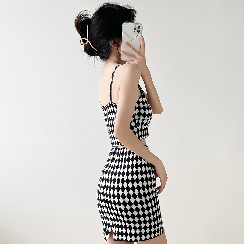 【Elegant】Sexy Low Cut Houndstooth Cami Top &amp; Slit Skirt  Two Piece Set 7473