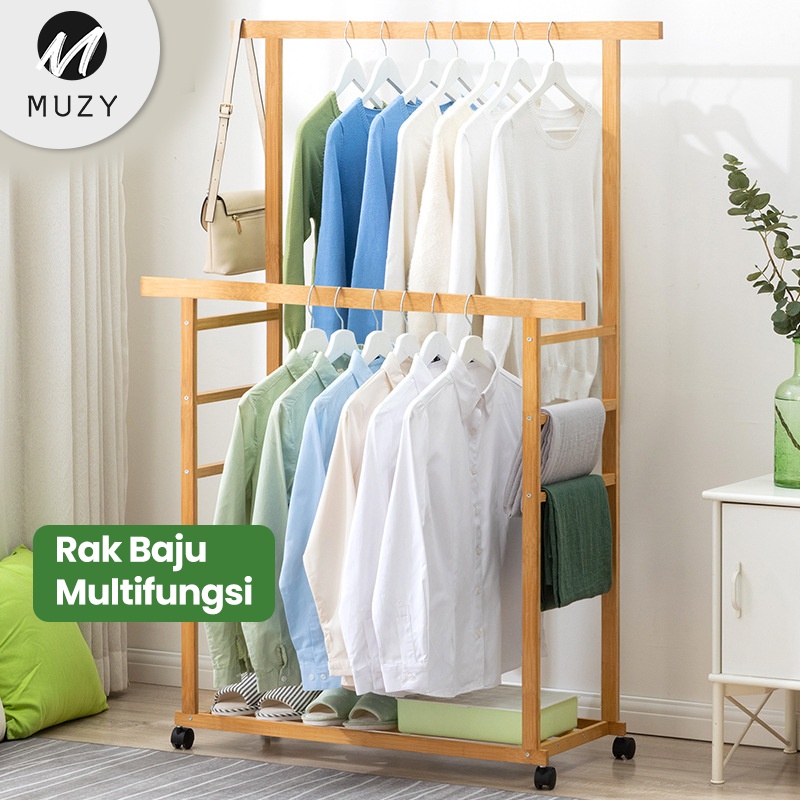 Muzy Rak Gantungan Pakaian Rak Baju Gantungan Baju dan Celana Mulig Kayu Stand Hanger HSH203