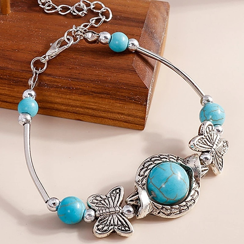 Gelang Rantai Liontin Kupu-Kupu Turquoise Gaya Bohemian Untuk Wanita