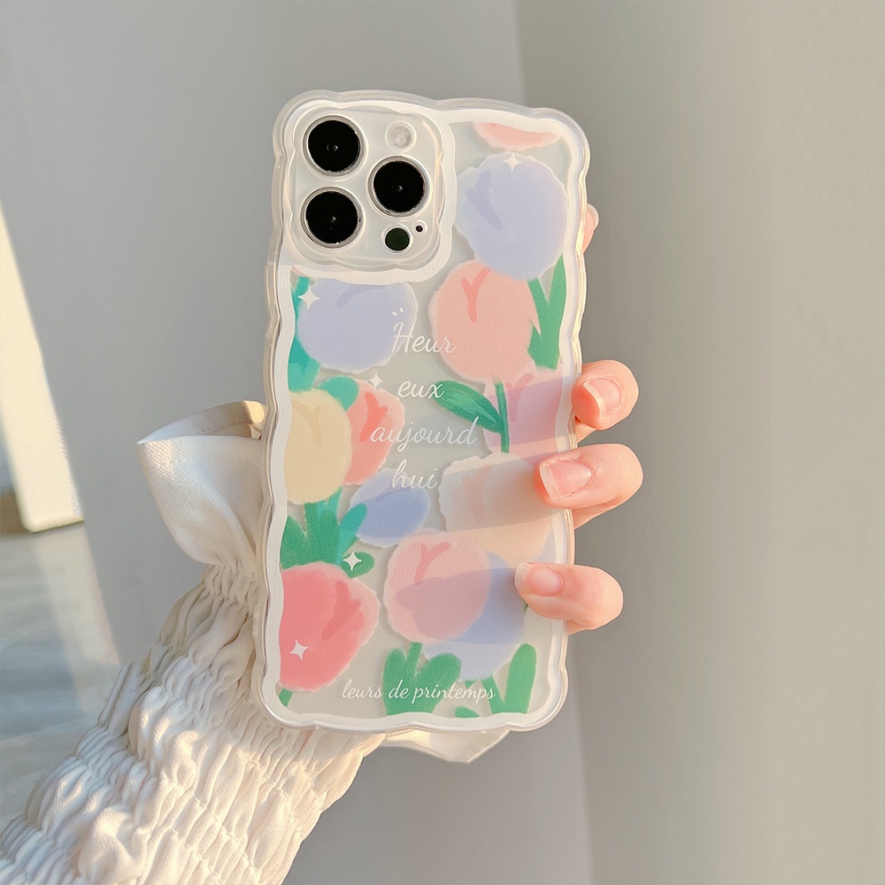 IPHONE Ins Fashion Bunga Tulip Warna-Warni Berbentuk Gelombang Perlindungan Penuh Casing Ponsel Cover Untuk Iphone7 8 PLUS X XR XS 11 12 13 14 MINI PRO MAX SE 2020