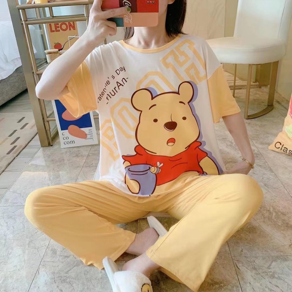 AJW Shop Baju Tidur Piyama Set 50 Motif | Setelan Wanita Import | Baju Tidur Wanita Dewasa | Piyama Wanita-Pooh Kuning