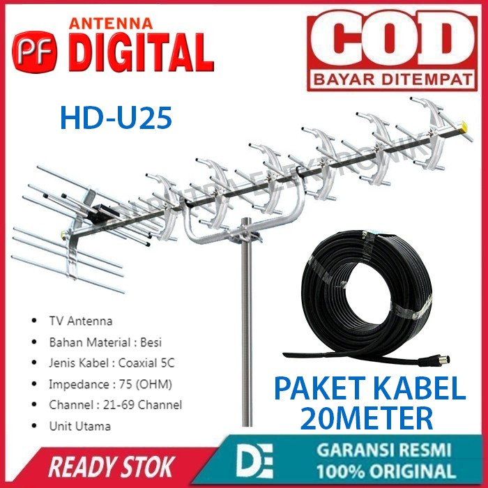 Antena PF-HD-U25 YAGI Digital Luar Outdor Plus Kabel Antena 20 Meter 1PAKET HEMAT