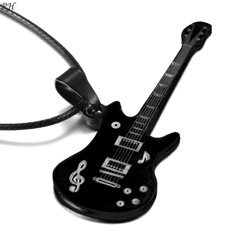 Kalung Rantai Kulit Liontin Gitar Bahan Stainless Steel Warna Hitam Untuk Pria