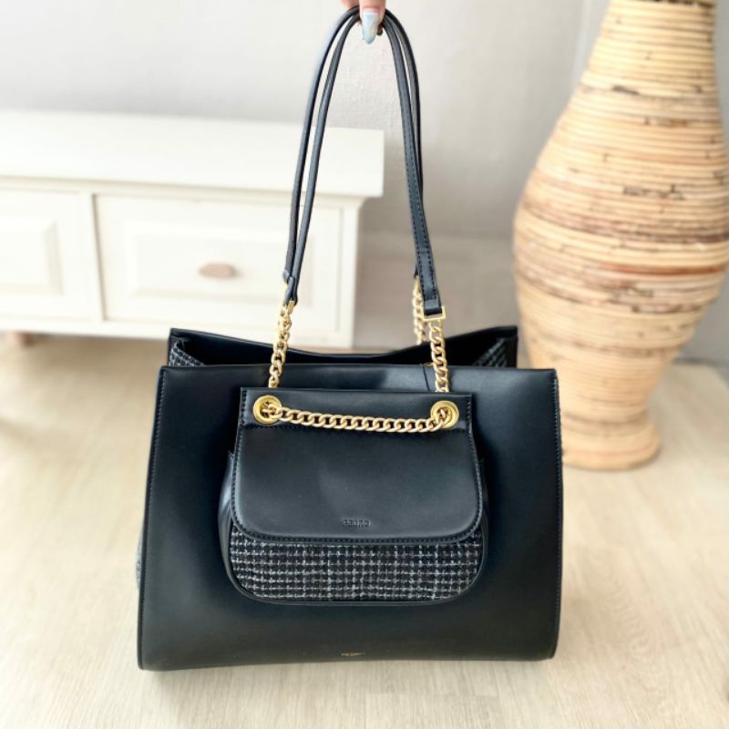 PD TWEED BLACK TOTE BAG / TAS PEDRO / TAS IMPORT NEW ARRIVAL
