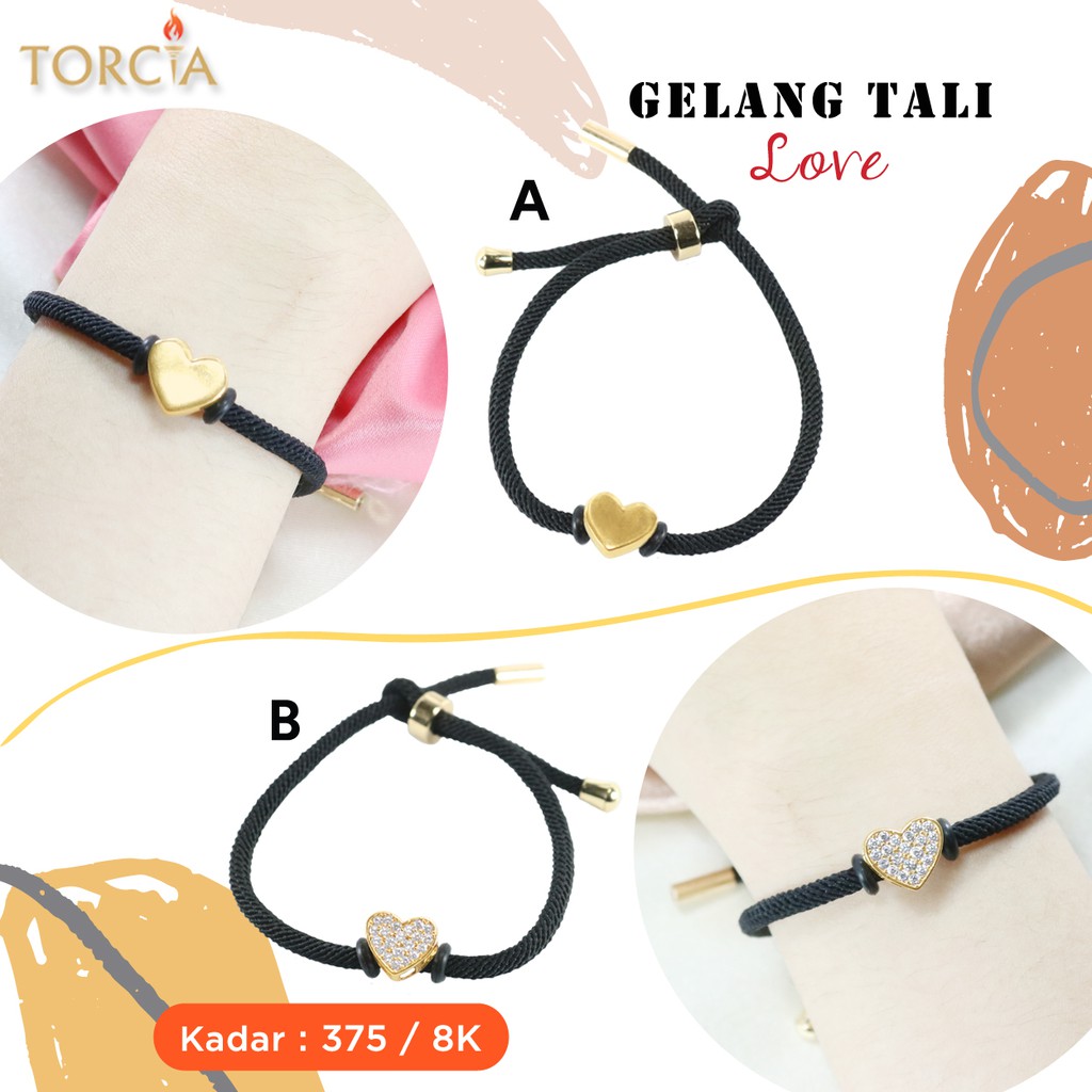 Gelang Tali Charm Emas Asli Love Kadar 375 Torcia