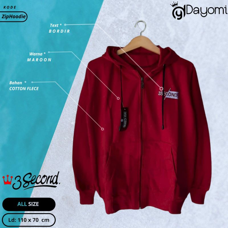 Zipper Hoodie 3Second Warna Maroon