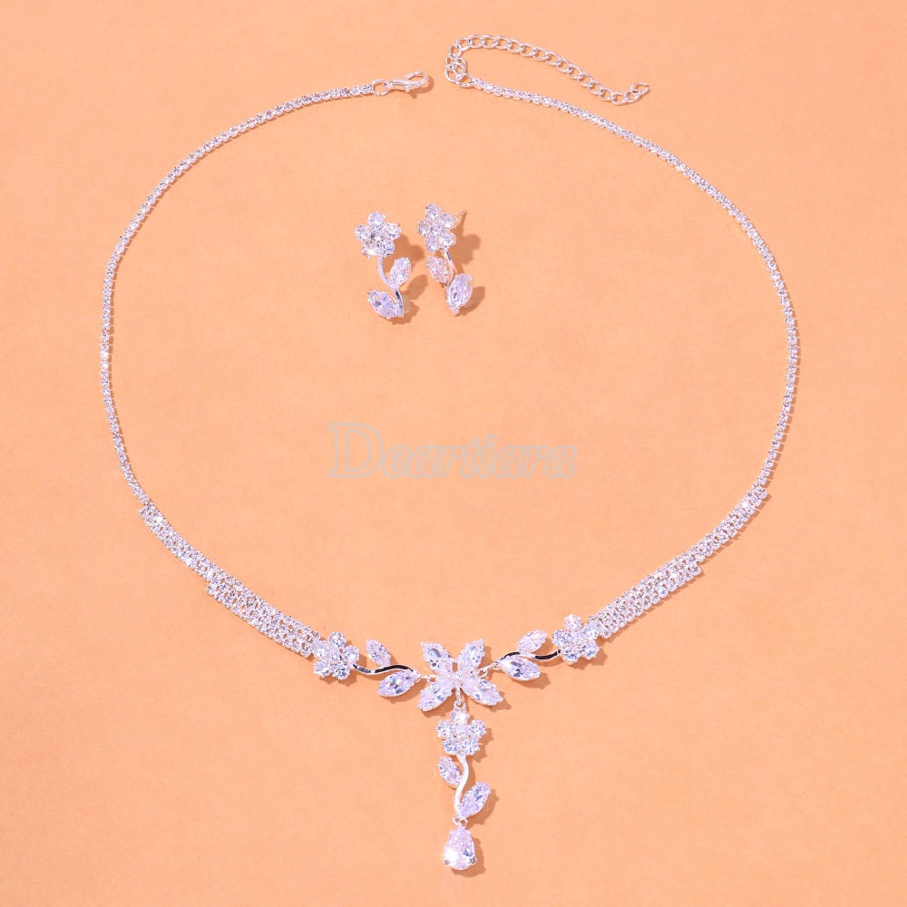 Set Kalung Dan Anting Bentuk Bunga Aksen Zircon Untuk Aksesoris Pernikahan