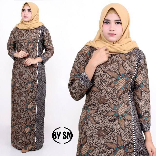 Gamis Motif Kombinasi Bunga Daun Dress Batik Muslim Modern Cantik buat Seragaman Kondangan Pergi