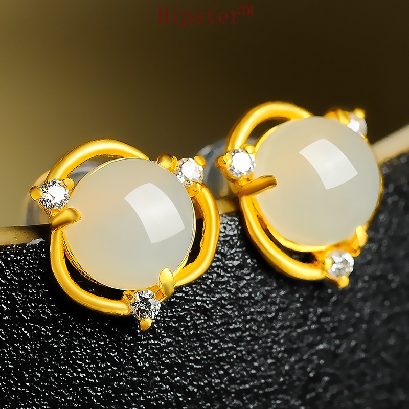 Creative Design Fashion Hollowed-out White Jade Diamond Elegance Retro Stud Earrings